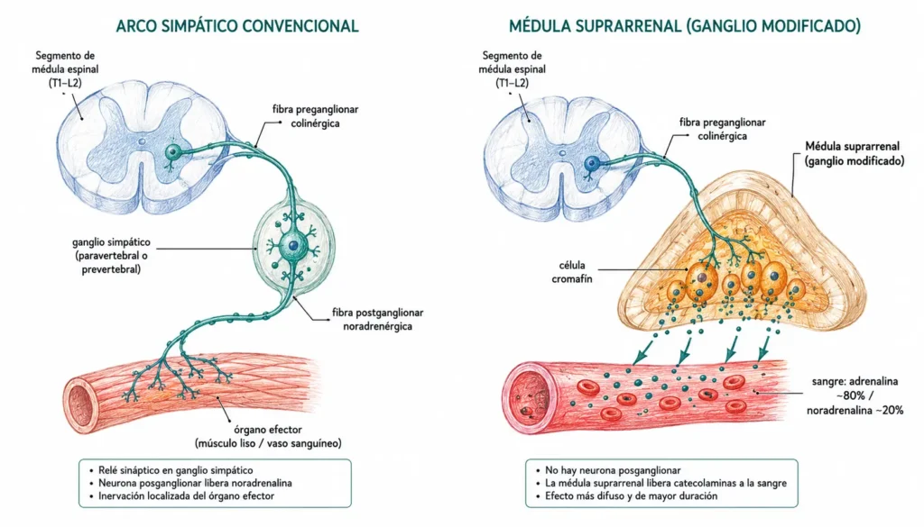 Ilustración médica comparativa del arco simpático convencional y la médula suprarrenal como ganglio simpático modificado, con fibras preganglionares, ganglio simpático, fibra postganglionar y células cromafines.
