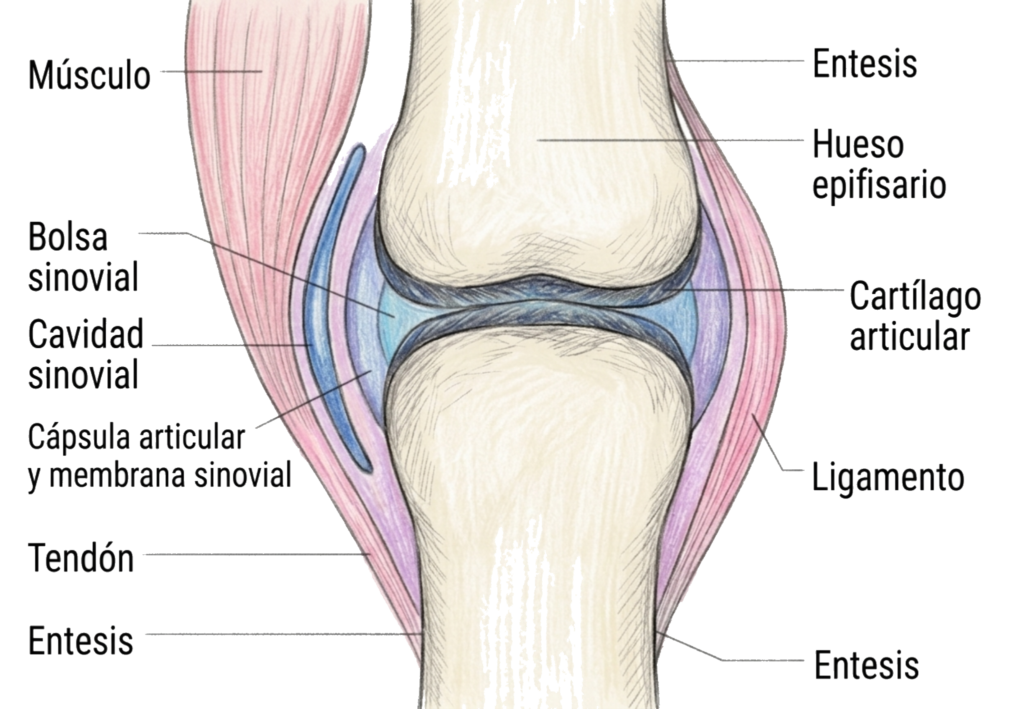 Esquema de articulación sinovial con cartílago articular, cápsula y cavidad sinovial