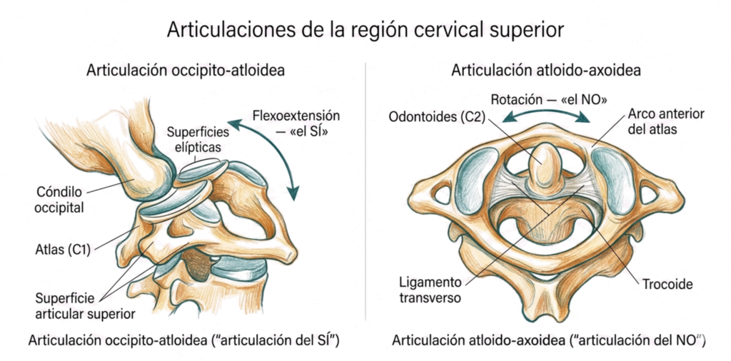 Ilustración anatómica de las articulaciones de la región cervical superior, con la articulación occipito-atloidea y la articulación atloido-axoidea señaladas.