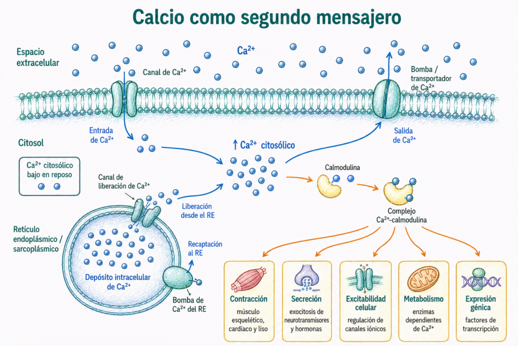 Esquema del calcio como segundo mensajero con entrada de Ca2+, liberación desde el retículo endoplásmico, unión a calmodulina y retirada por bombas de calcio.