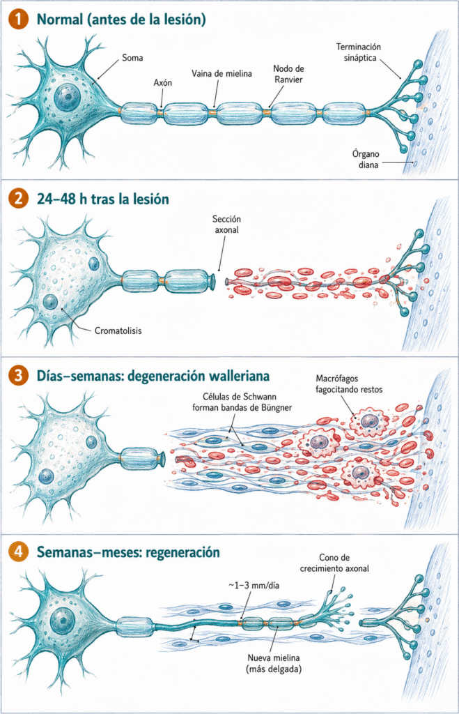 Ilustración médica de la degeneración walleriana y la regeneración axonal tras una lesión nerviosa, con cromatolisis, fragmentación distal, macrófagos, bandas de Büngner, cono de crecimiento y nueva mielina.