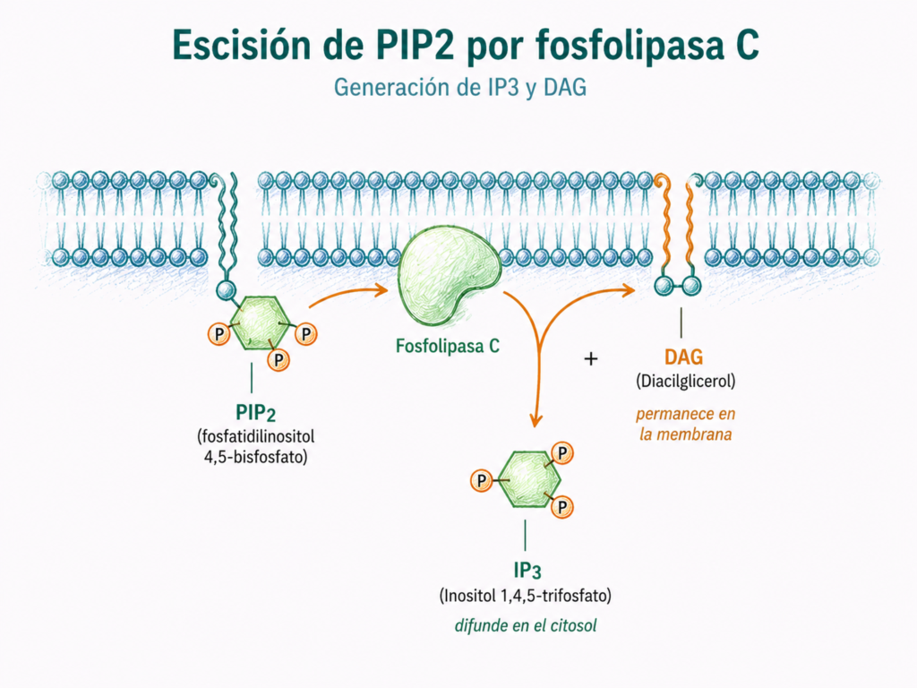 Esquema de la escisión de PIP2 por fosfolipasa C para generar IP3, que difunde por el citosol, y DAG, que permanece en la membrana plasmática.