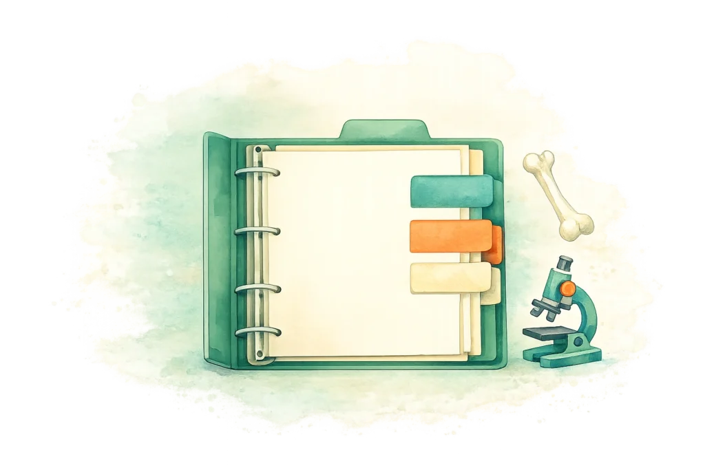 Ilustración de carpeta médica organizada con pestañas, hueso y microscopio en estilo acuarela