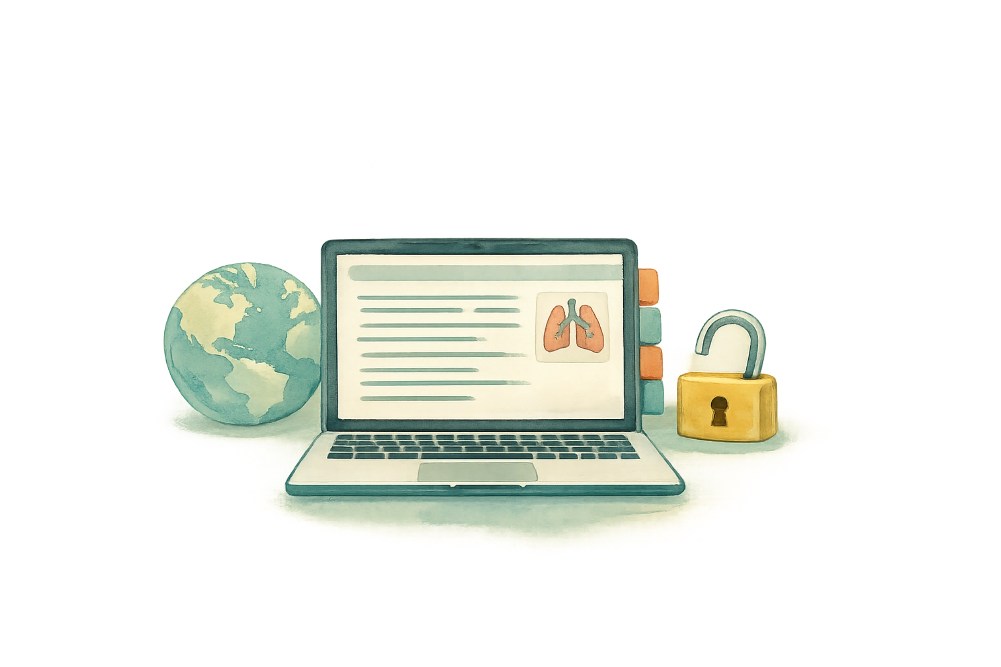 Ilustración de estudio médico con portátil, globo terráqueo y candado abierto en estilo acuarela