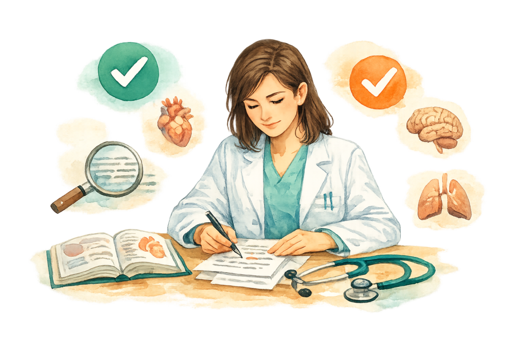 Ilustración médica de una doctora revisando apuntes y libro de estudio en un escritorio