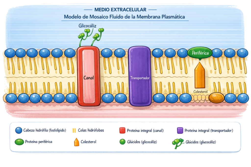 Modelo de mosaico fluido de la membrana plasmática con sus componentes principales