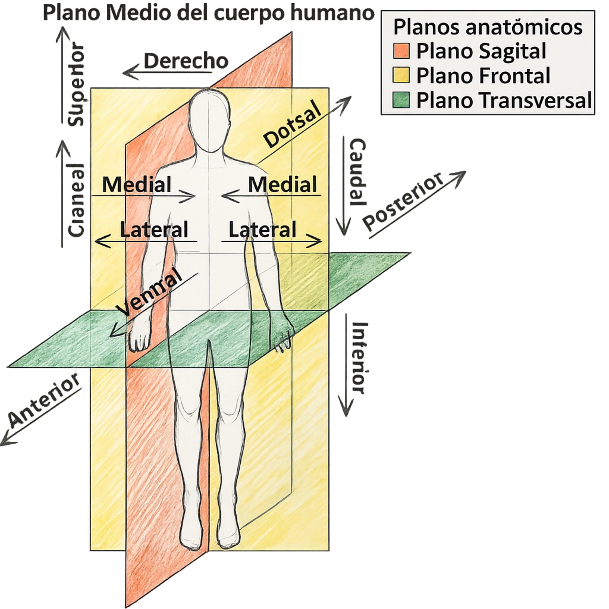 Planos anatómicos del cuerpo humano con plano sagital, frontal y transversal