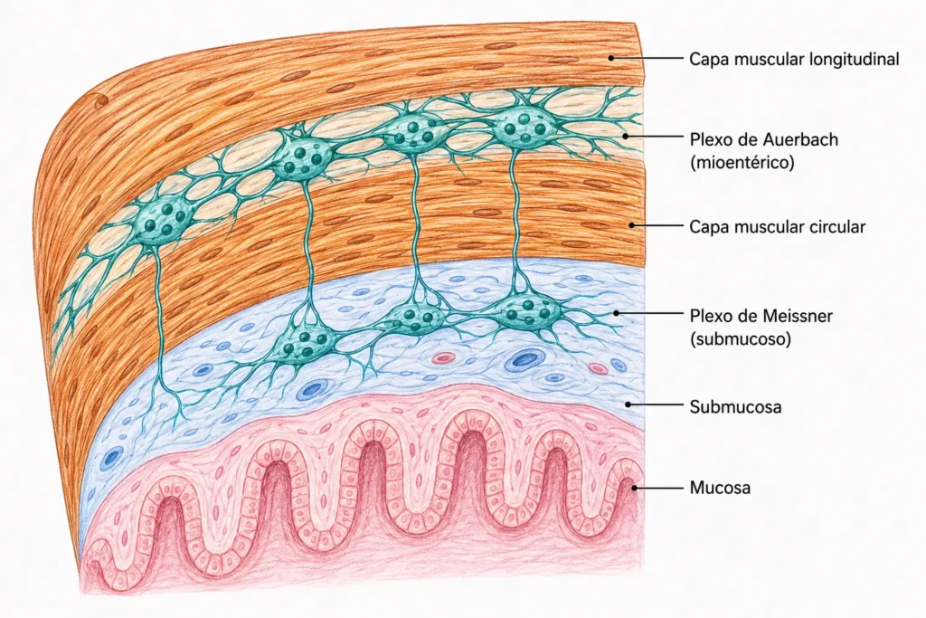 Ilustración médica comparativa del arco simpático convencional y la médula suprarrenal como ganglio simpático modificado, con fibras preganglionares, ganglio simpático, fibra postganglionar y células cromafines.