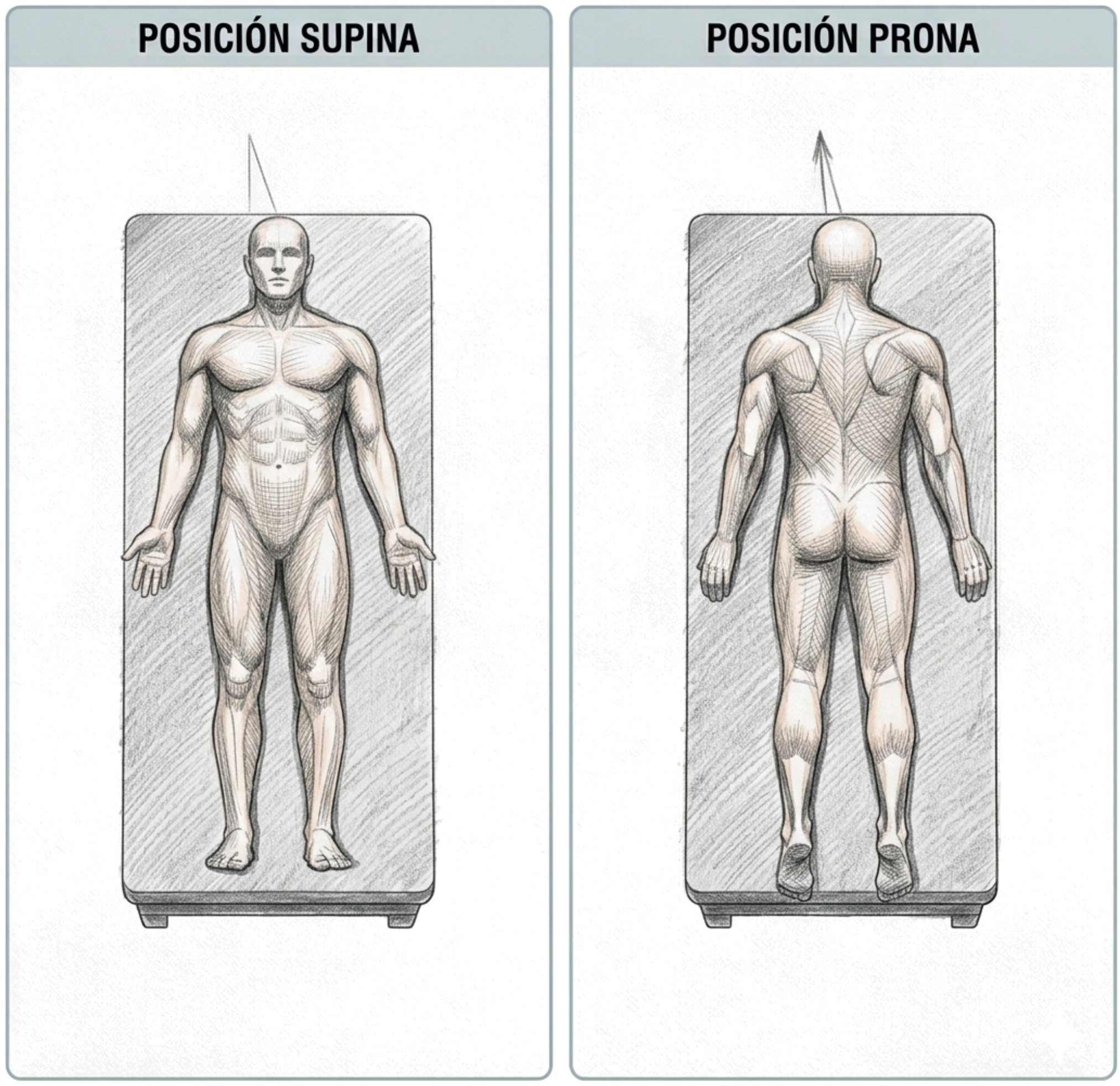 Ilustración de posición supina y posición prona del cuerpo humano
