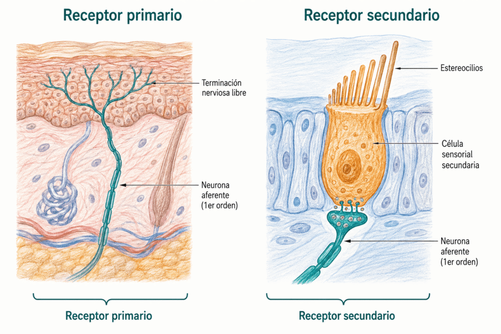 Ilustración médica comparativa entre receptor primario y receptor secundario, mostrando una terminación nerviosa libre en la piel y una célula ciliada sensorial que hace sinapsis con una neurona aferente de primer orden.