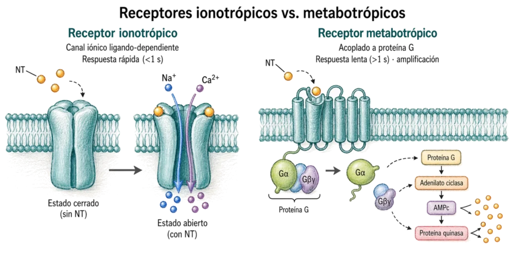 Ilustración comparativa de receptores ionotrópicos y metabotrópicos, mostrando canal iónico ligando-dependiente, proteína G y cascada de segundos mensajeros.