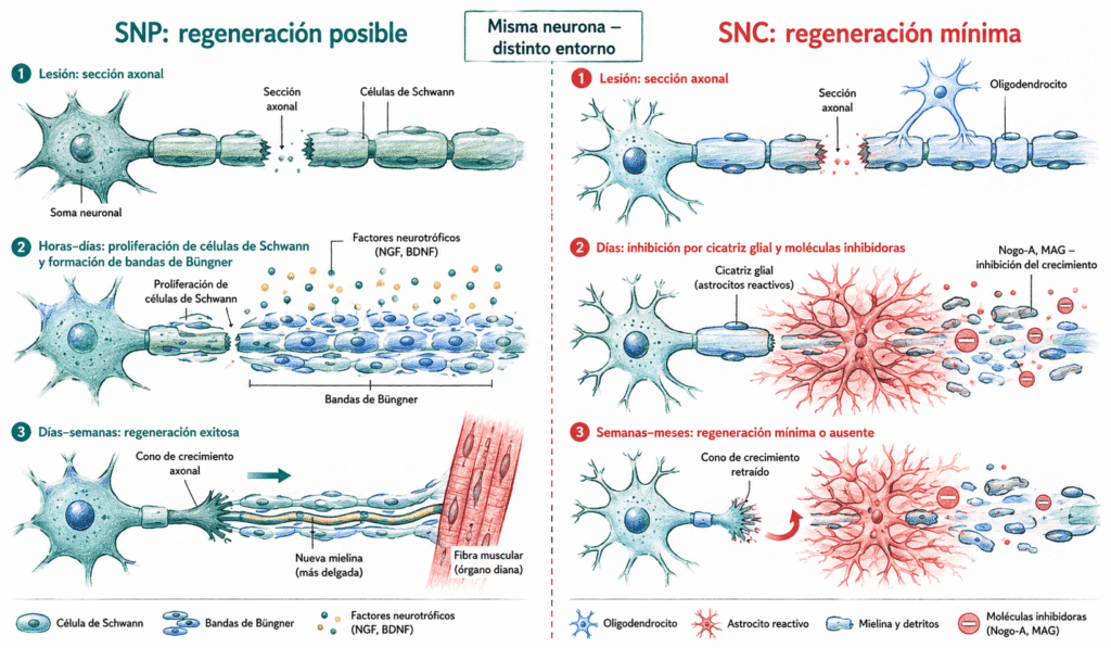 Ilustración médica comparativa de la regeneración axonal en el sistema nervioso periférico y central, mostrando células de Schwann, bandas de Büngner, factores neurotróficos, oligodendrocitos, cicatriz glial, moléculas inhibidoras y cono de crecimiento.