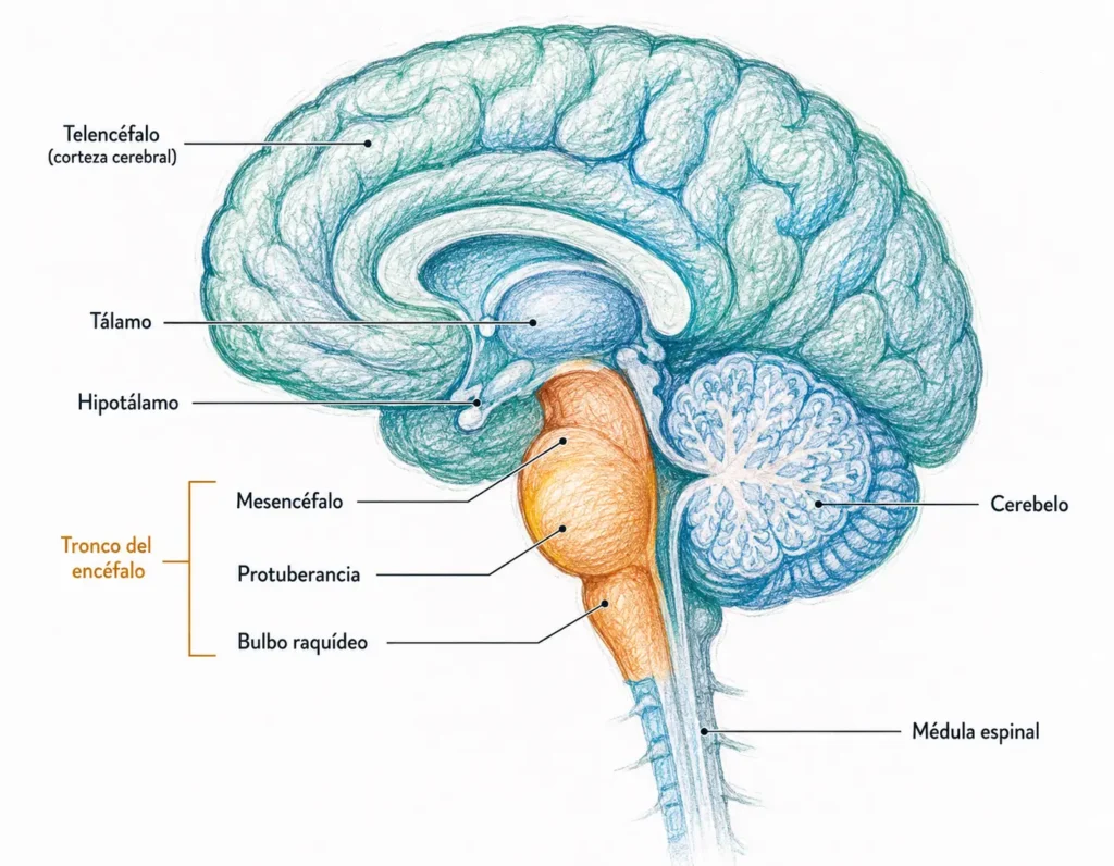 Ilustración médica en sección sagital del encéfalo humano con telencéfalo, tálamo, hipotálamo, tronco del encéfalo, cerebelo y médula espinal etiquetados.
