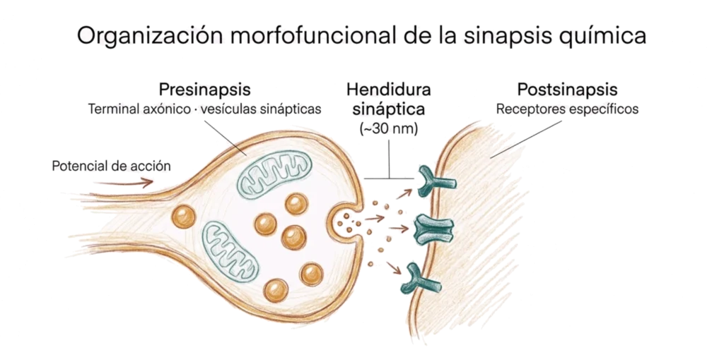 Ilustración esquemática de la sinapsis química con presinapsis, hendidura sináptica y postsinapsis, mostrando vesículas sinápticas, neurotransmisores y receptores específicos.