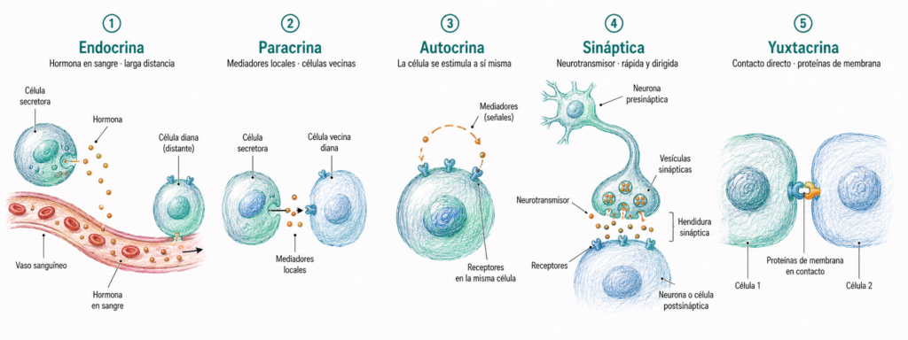 Esquema comparativo de los principales tipos de comunicación intercelular: endocrina, paracrina, autocrina, sináptica y yuxtacrina.