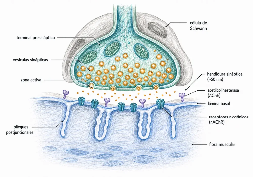 Ilustración médica de la unión neuromuscular con terminal presináptico, vesículas de acetilcolina, hendidura sináptica, acetilcolinesterasa, receptores nicotínicos y pliegues postjuncionales.