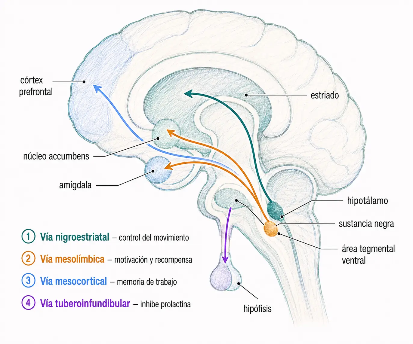 Esquema de las cuatro vías dopaminérgicas principales: nigroestriatal, mesolímbica, mesocortical y tuberoinfundibular.