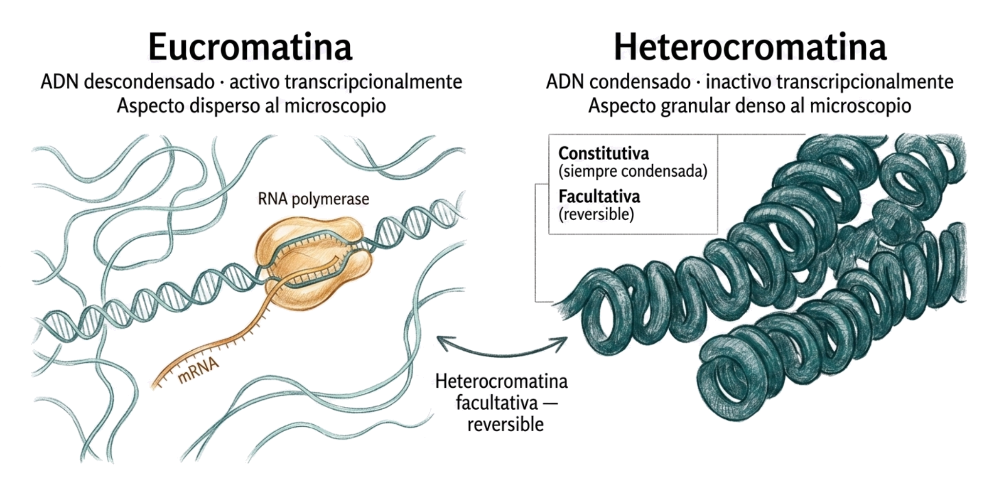 Comparación entre eucromatina y heterocromatina en el núcleo celular