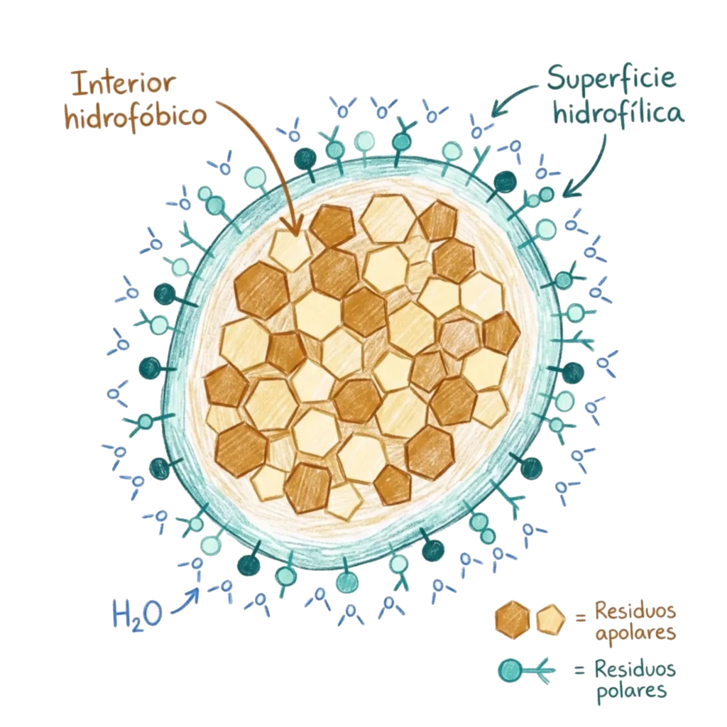 Esquema de proteína globular con núcleo hidrofóbico interno, superficie hidrofílica externa y moléculas de agua alrededor