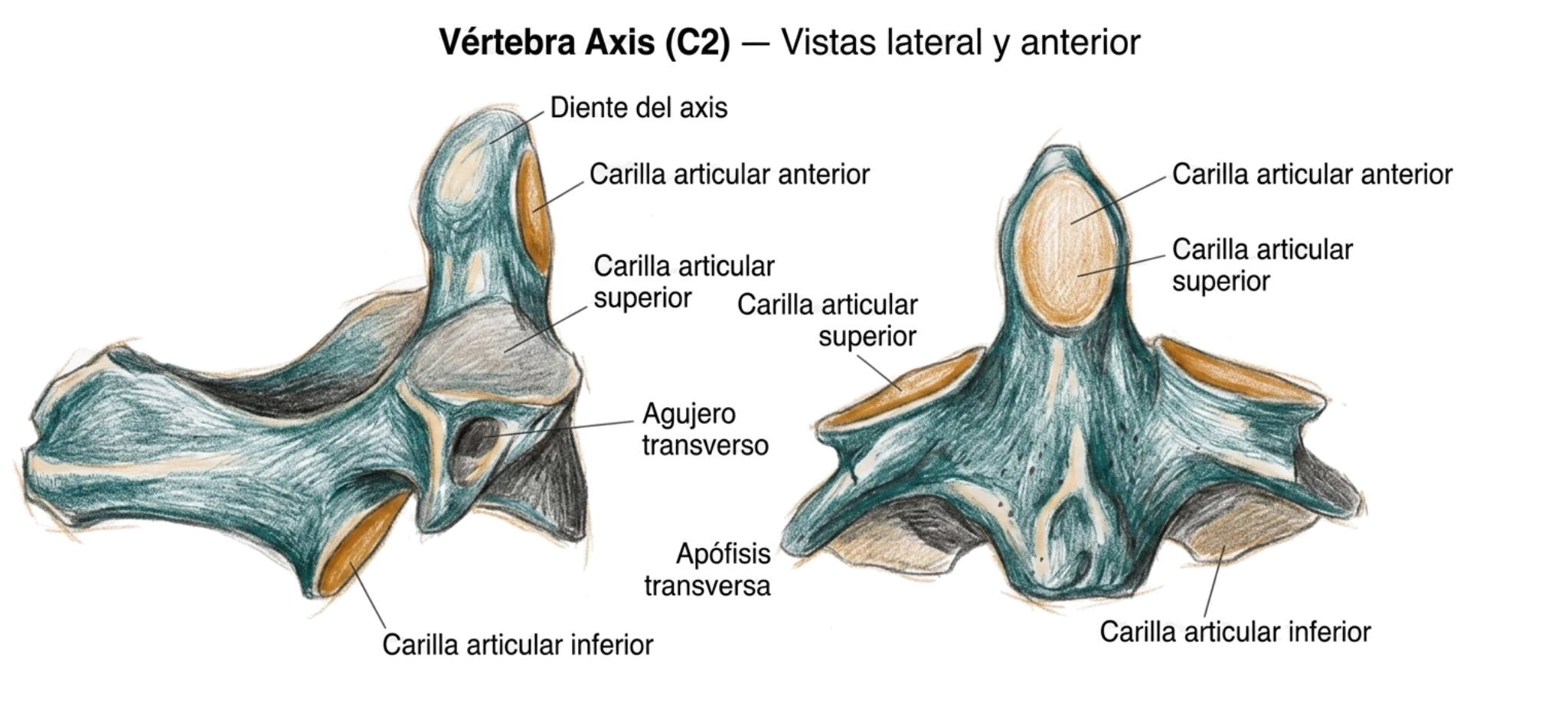 Ilustración anatómica de la vértebra axis o C2 en vista lateral y vista anterior, con las principales estructuras señaladas.