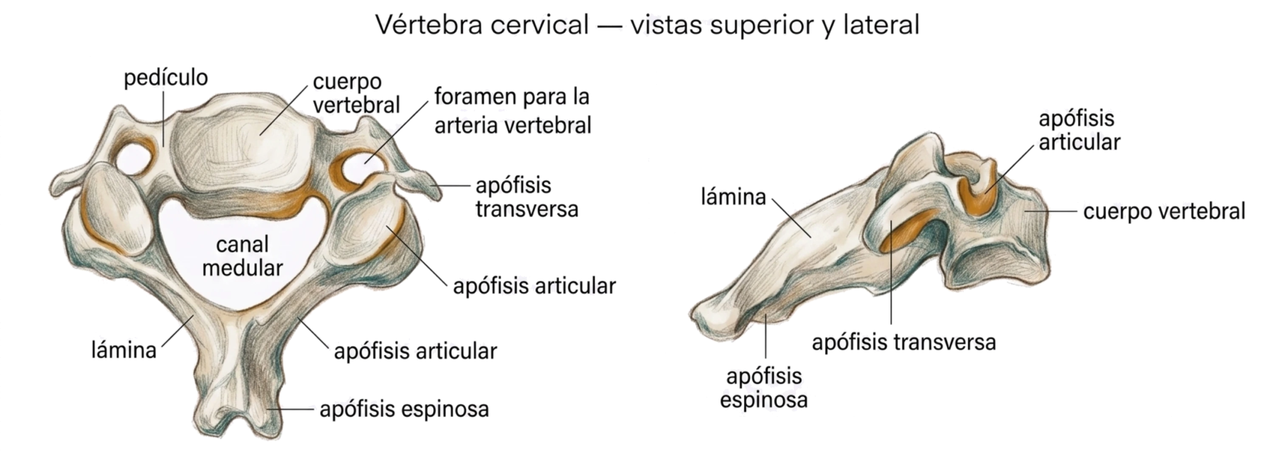 Ilustración anatómica de una vértebra cervical en vista superior y vista lateral, con las principales estructuras señaladas.