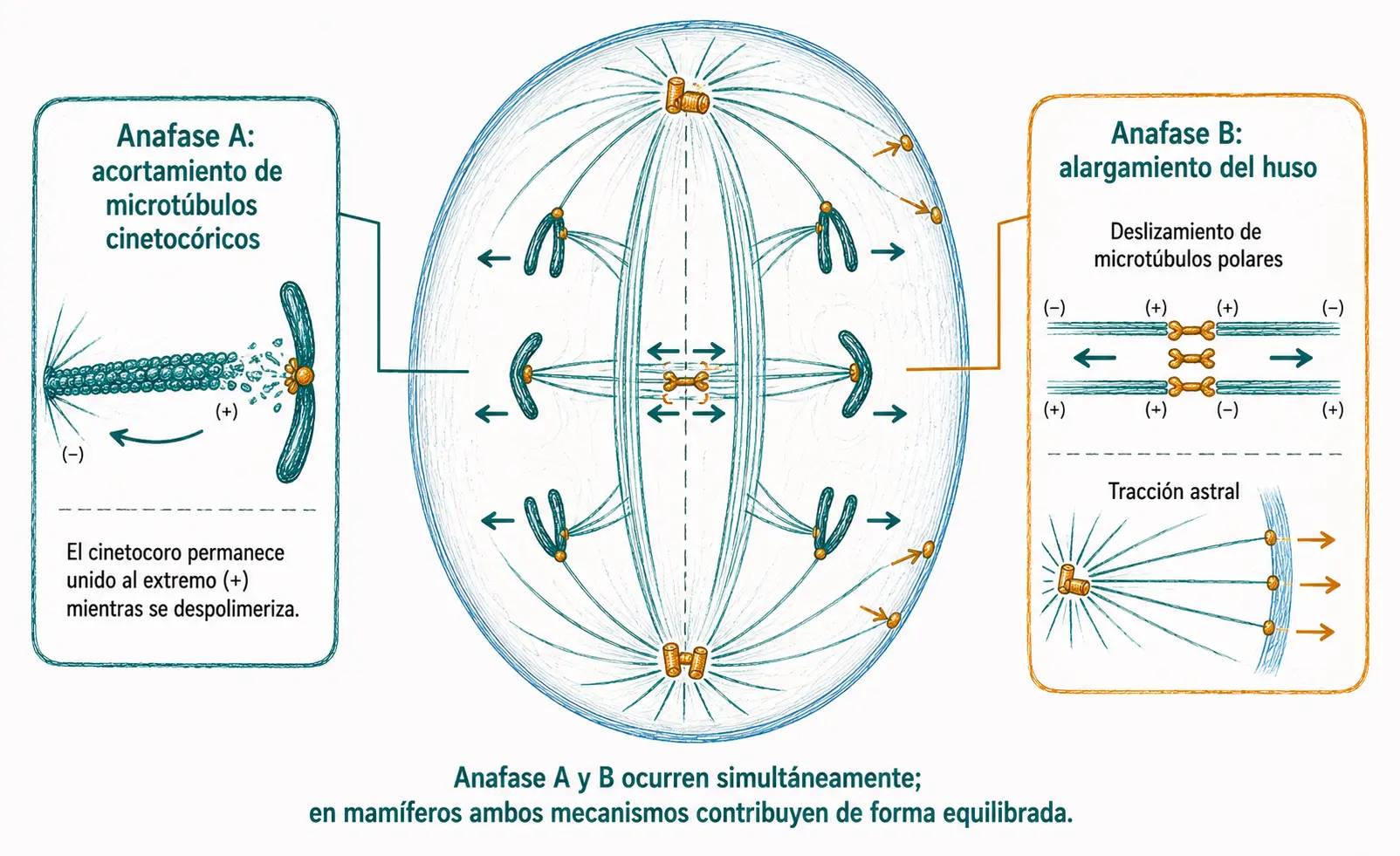 Esquema de Anafase A y Anafase B durante la mitosis mostrando acortamiento de microtúbulos cinetocóricos, deslizamiento de microtúbulos polares y tracción astral.