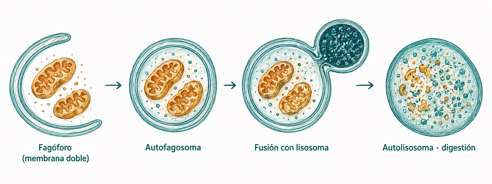 Etapas de la autofagia desde la formación del fagóforo hasta el autofagosoma y el autolisosoma
