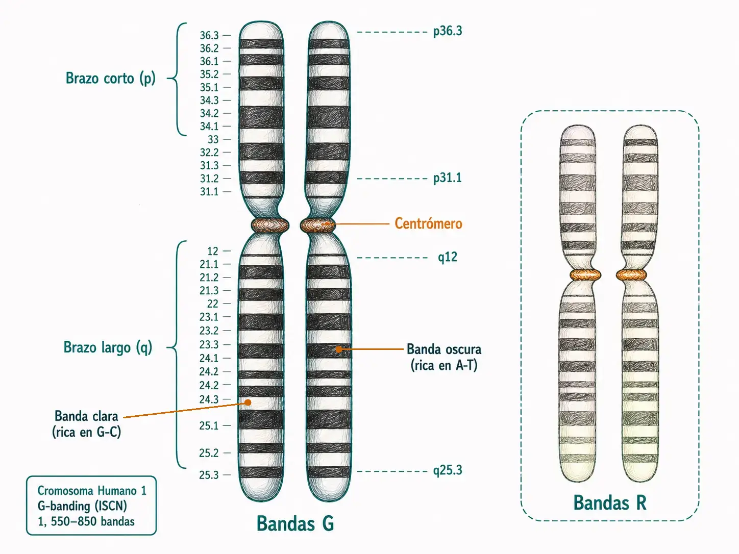 Par de cromosomas humanos homólogos con patrón de bandas G mostrando brazo corto, brazo largo, centrómero, bandas oscuras ricas en A-T y bandas claras ricas en G-C, junto a un recuadro comparativo de bandas R.