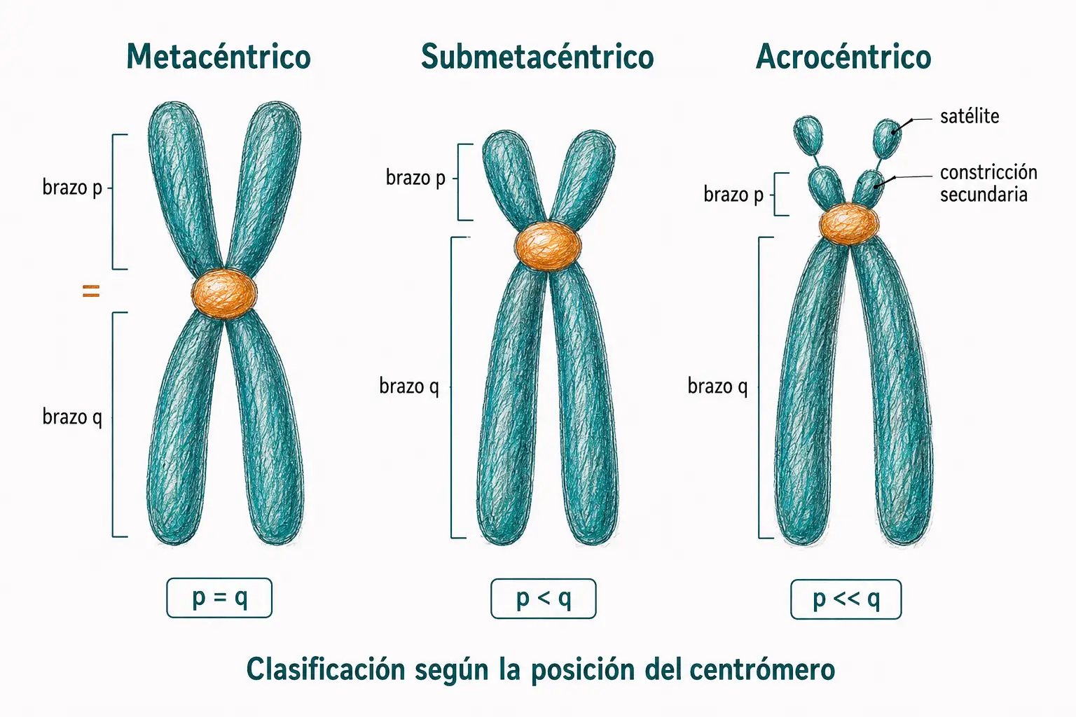 Clasificación de los cromosomas según la posición del centrómero: cromosoma metacéntrico, submetacéntrico y acrocéntrico con brazos p y q, constricción secundaria y satélite.