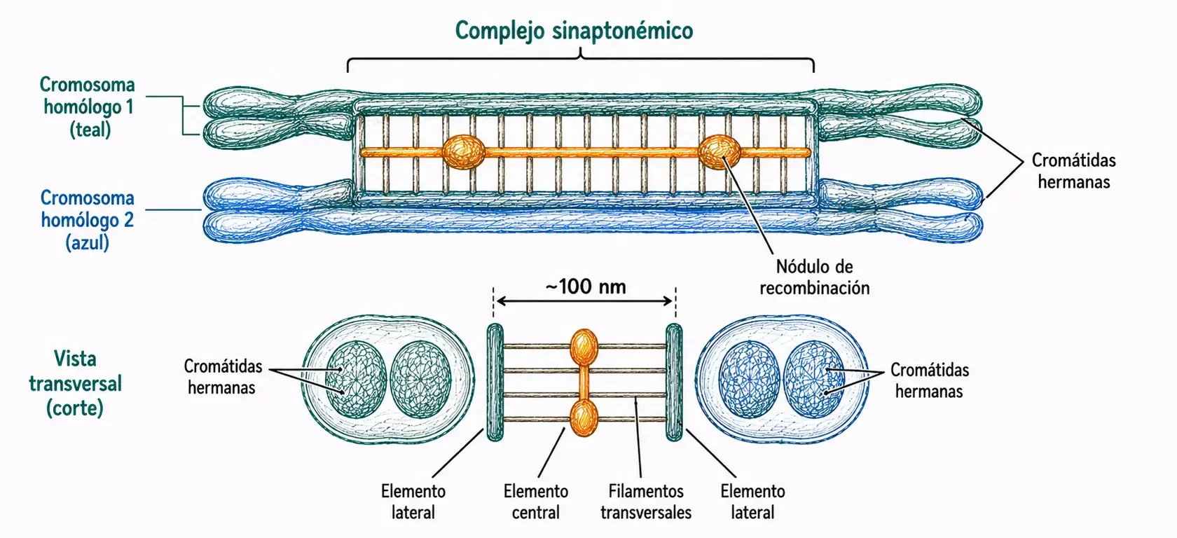 Estructura del complejo sinaptonémico mostrando elementos laterales, elemento central, filamentos transversales y nódulos de recombinación entre cromosomas homólogos.