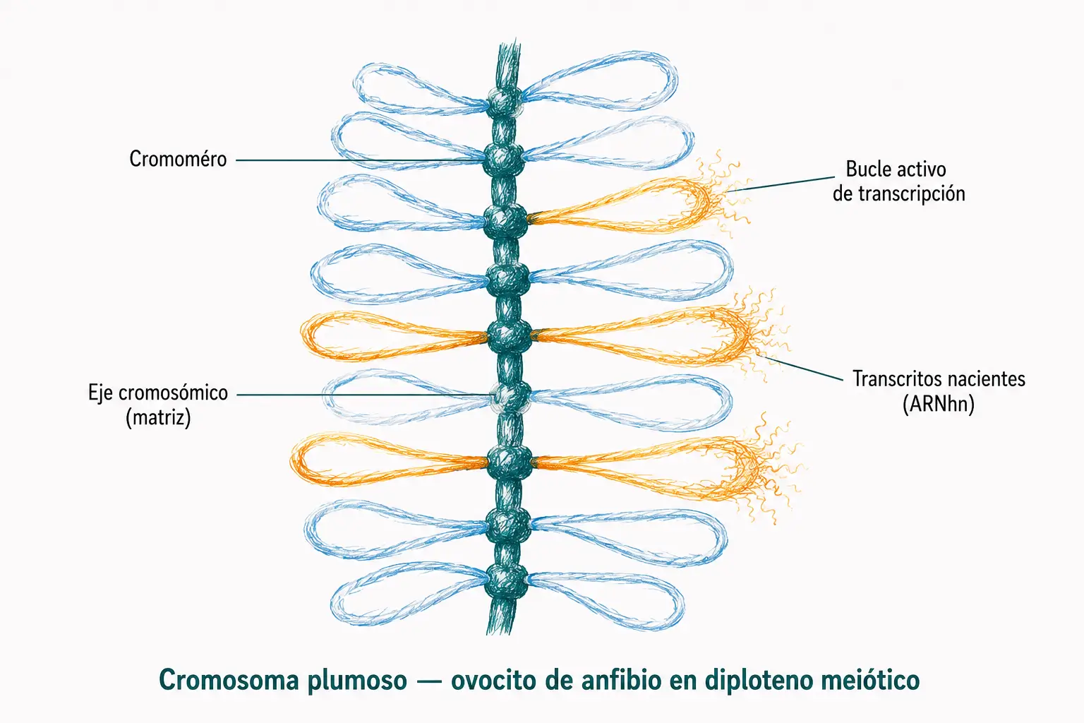 Cromosoma plumoso de ovocito de anfibio en diploteno meiótico con cromómeros, eje cromosómico central, bucles activos de transcripción y transcritos nacientes de ARN.