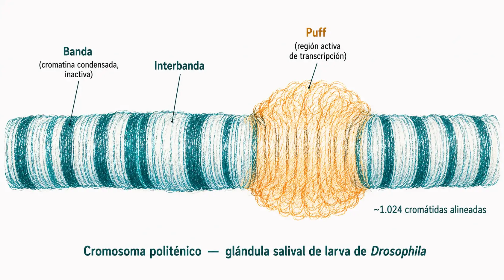 Cromosoma politénico de glándula salival de larva de Drosophila con bandas cromosómicas, interbandas y puff activo de transcripción.