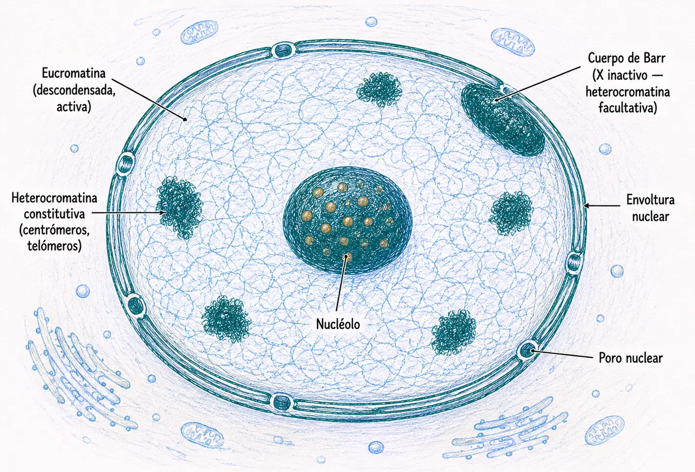 Núcleo interfásico de célula somática femenina con eucromatina, heterocromatina constitutiva, cuerpo de Barr, nucléolo, poros nucleares y envoltura nuclear.