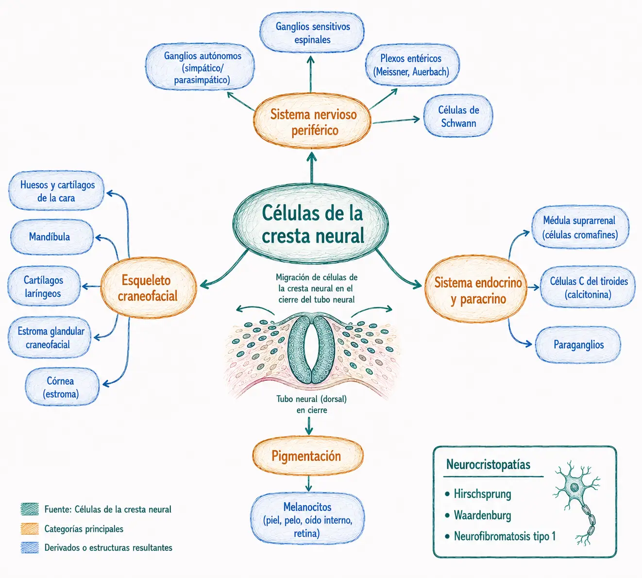 Diagrama radial de los derivados de las células de la cresta neural mostrando estructuras del sistema nervioso periférico, sistema endocrino, melanocitos y esqueleto craneofacial, junto con ejemplos de neurocristopatías.