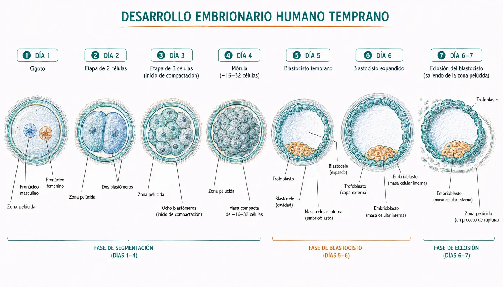 Secuencia cronológica del desarrollo embrionario humano durante la primera semana mostrando cigoto con pronúcleos, segmentación en 2 y 8 blastómeros, mórula, blastocisto temprano, blastocisto expandido y eclosión del blastocisto desde la zona pelúcida.