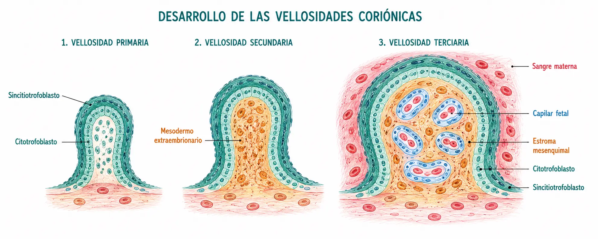 Comparación de las etapas de desarrollo de las vellosidades coriónicas humanas mostrando vellosidad primaria formada por citotrofoblasto y sincitiotrofoblasto, vellosidad secundaria con mesodermo extraembrionario y vellosidad terciaria con capilares fetales rodeados por sangre materna.