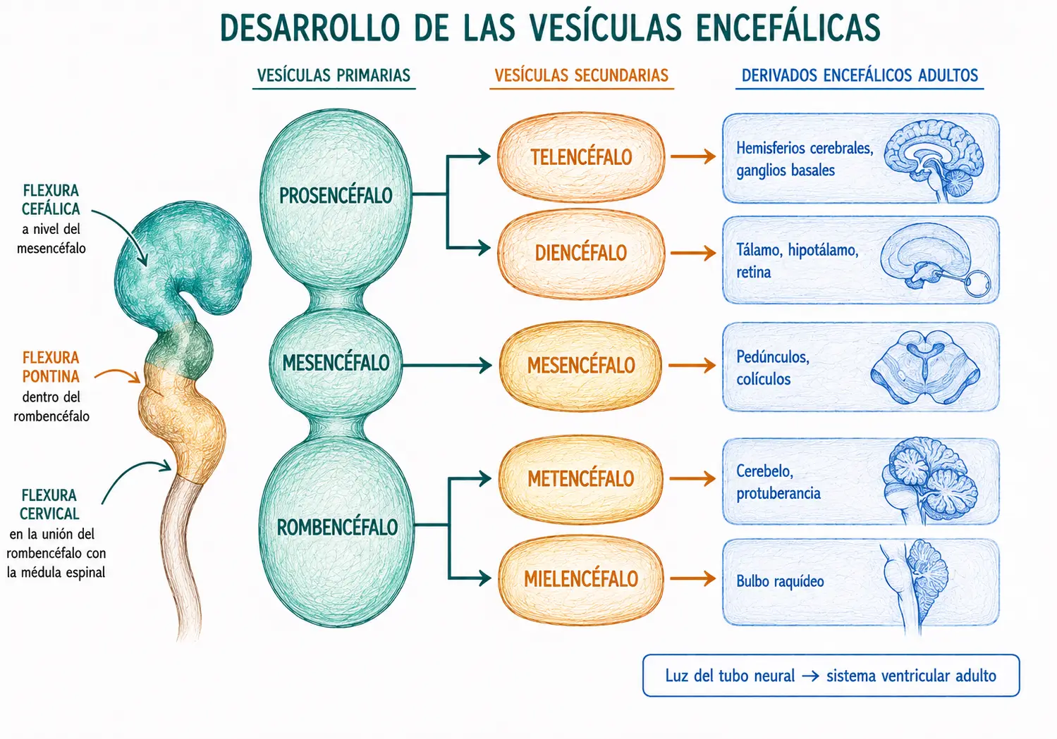 Diagrama del desarrollo de las vesículas encefálicas mostrando prosencéfalo, mesencéfalo y rombencéfalo, sus vesículas secundarias y los principales derivados adultos como hemisferios cerebrales, tálamo, cerebelo, protuberancia y bulbo raquídeo.