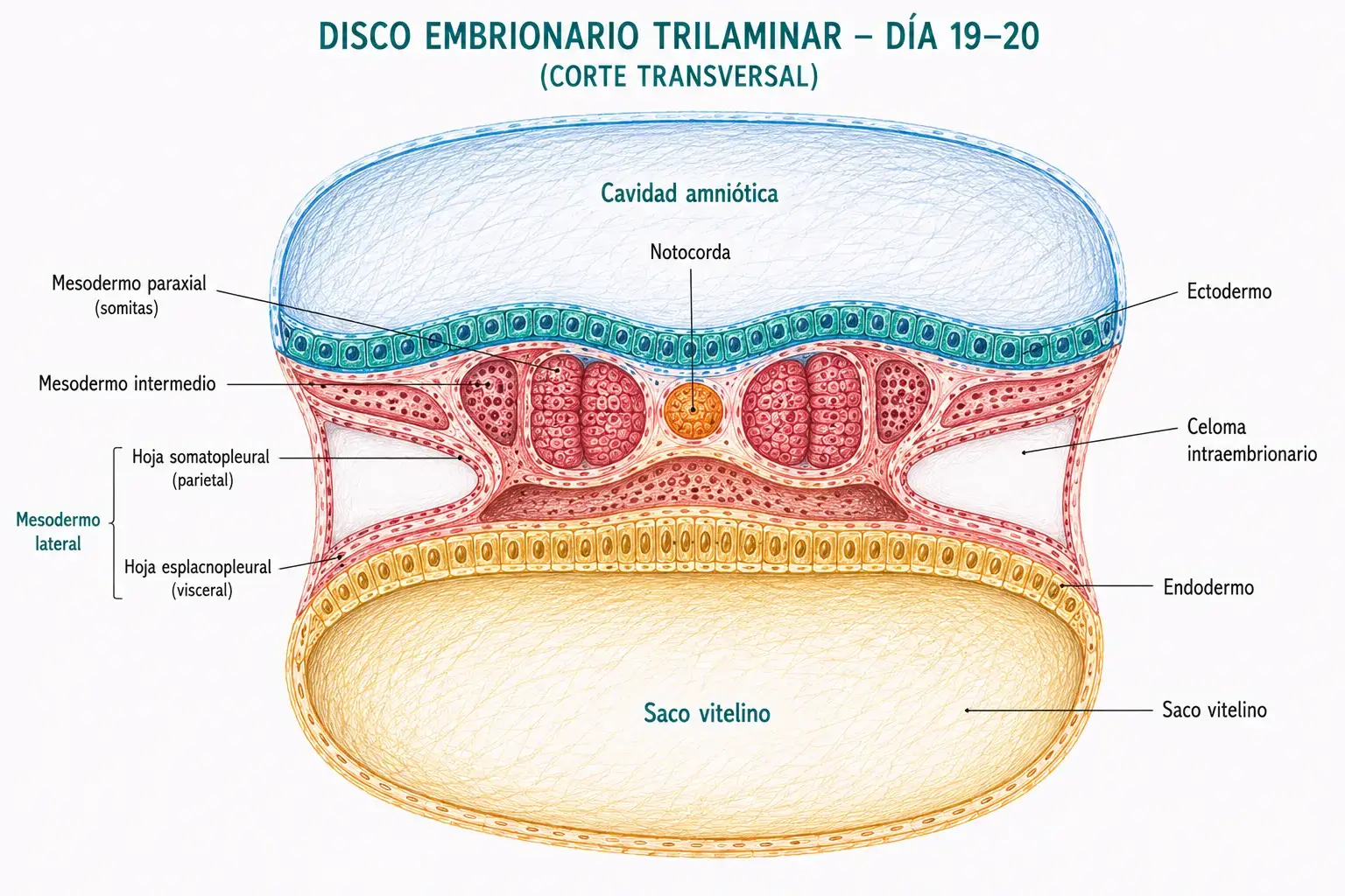 Corte transversal del disco embrionario trilaminar humano durante los días 19 y 20 mostrando ectodermo, notocorda, mesodermo paraxial, mesodermo intermedio, mesodermo lateral dividido en hojas somatopleural y esplacnopleural, celoma intraembrionario, endodermo, cavidad amniótica y saco vitelino.