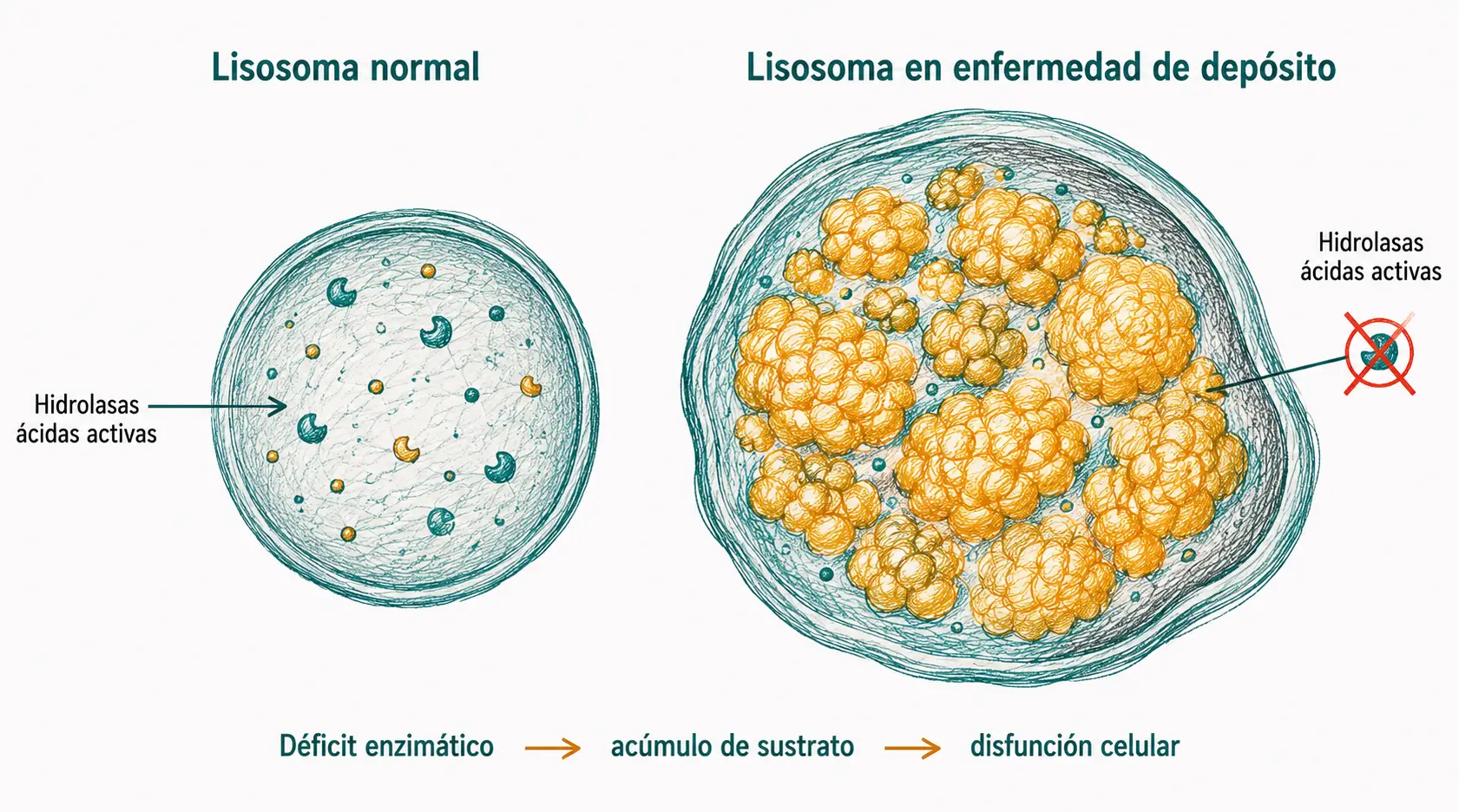 Comparación entre un lisosoma normal y un lisosoma en enfermedad de depósito lisosomal con acumulación de sustratos no degradados por déficit enzimático.