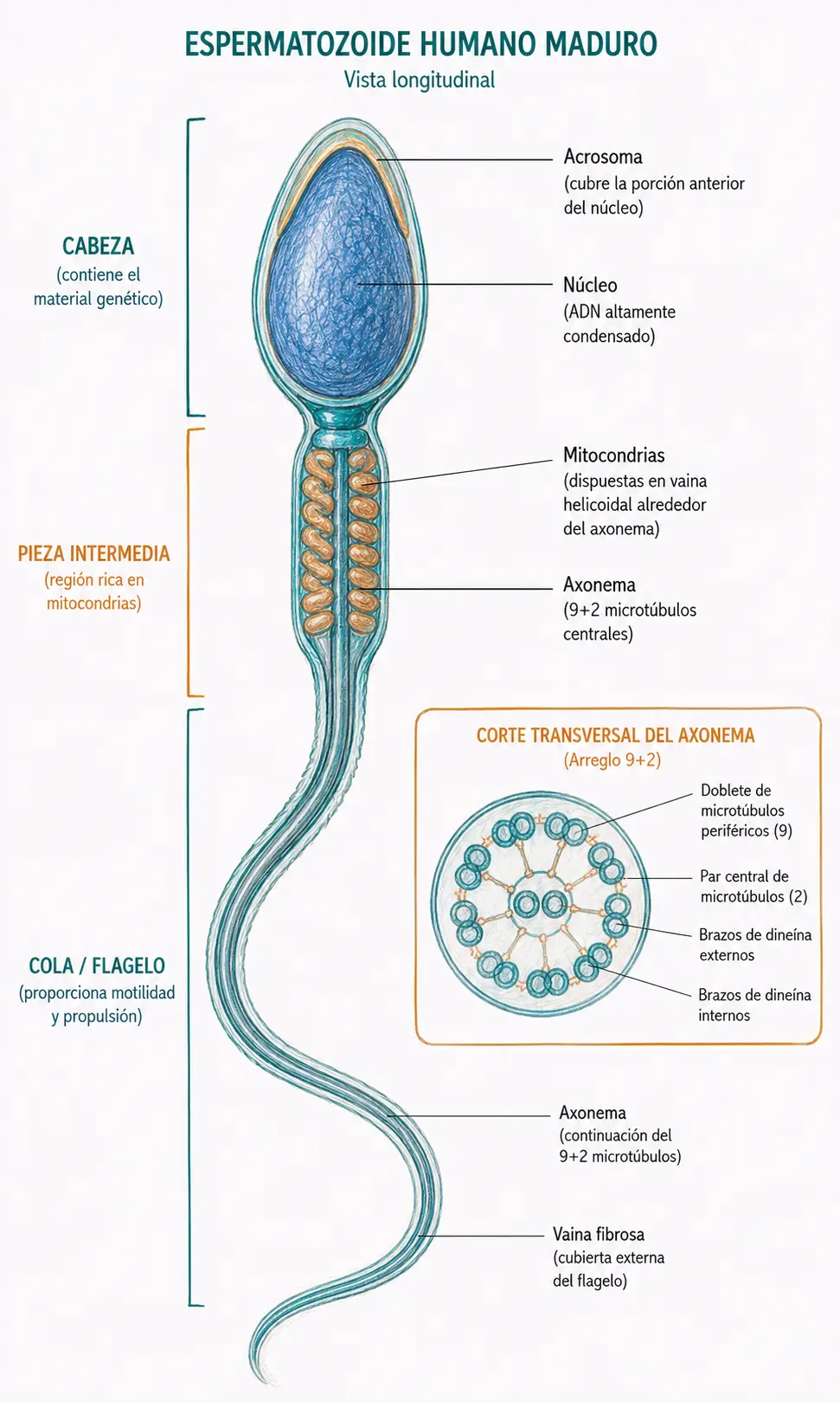 Ilustración anatómica de un espermatozoide humano maduro mostrando cabeza con acrosoma y núcleo condensado, pieza intermedia rica en mitocondrias, cola flagelar y detalle del axonema con disposición 9+2 de microtúbulos.