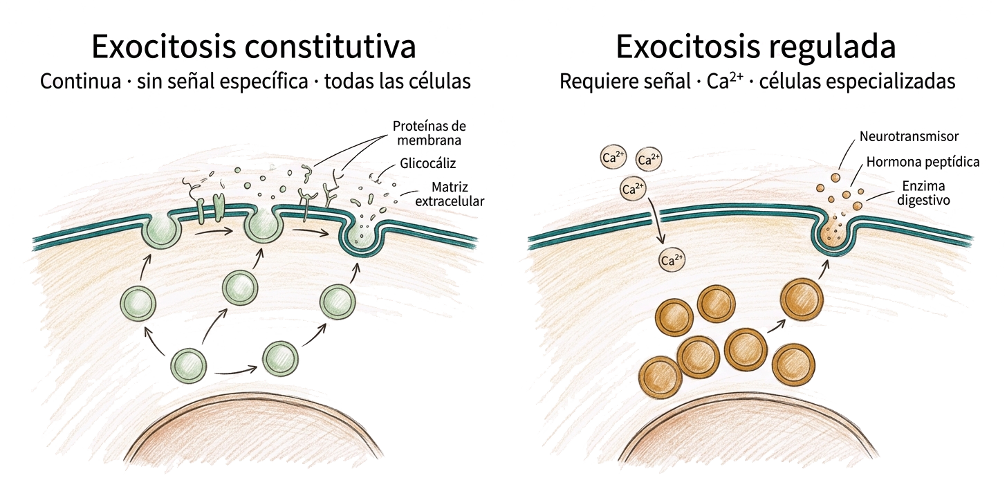 Comparación entre la exocitosis constitutiva y la exocitosis regulada