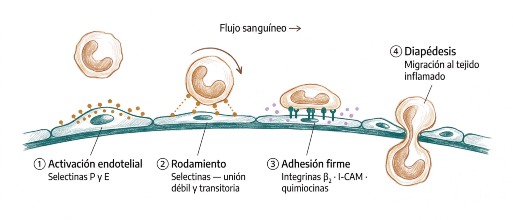Ilustración esquemática de la extravasación leucocitaria con activación endotelial, rodamiento, adhesión firme y diapédesis hacia el tejido inflamado.