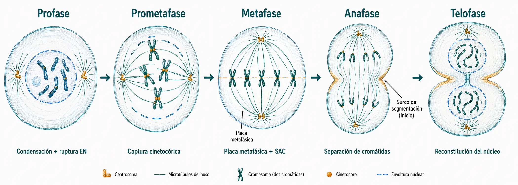 Esquema de las fases de la mitosis mostrando profase, prometafase, metafase, anafase y telofase con huso mitótico, cromosomas y surco de segmentación.