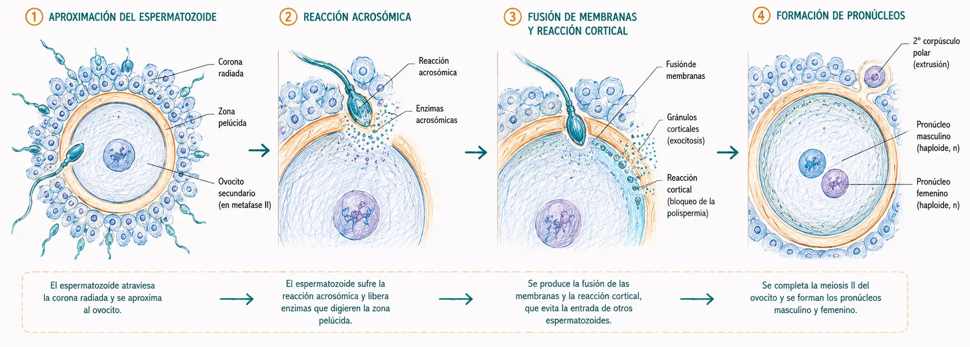 Diagrama secuencial de la fecundación humana mostrando aproximación del espermatozoide al ovocito secundario, reacción acrosómica en la zona pelúcida, fusión de membranas con reacción cortical y formación de los pronúcleos masculino y femenino.