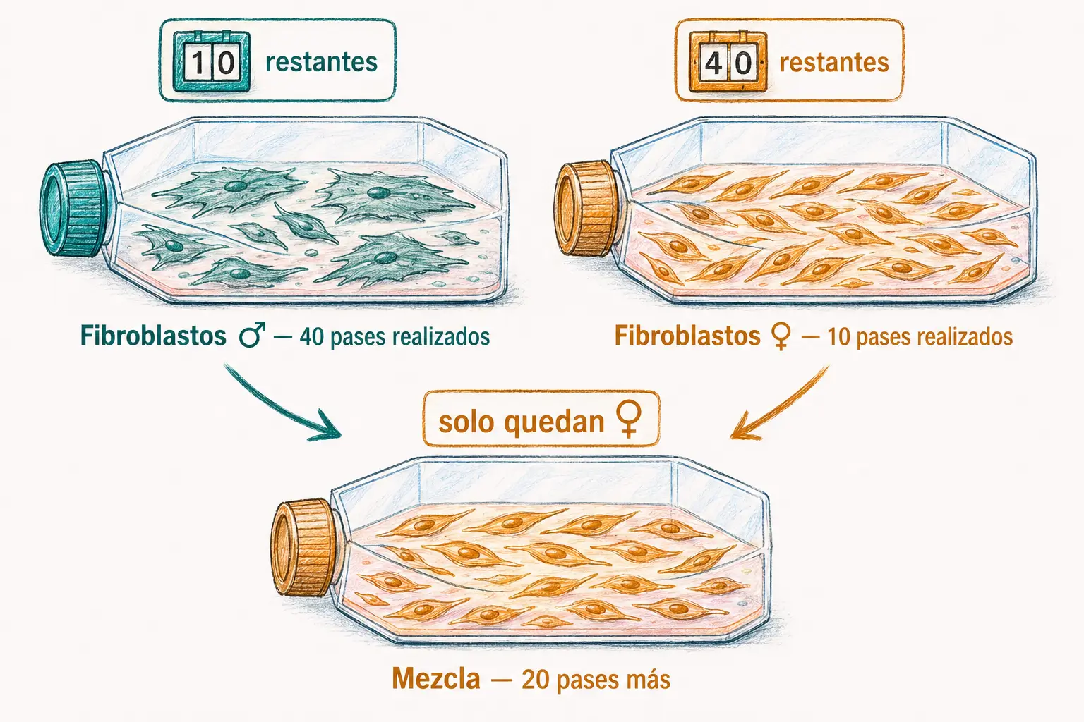 Diagrama de fibroblastos masculinos y femeninos en cultivo con distinto número de pases, mostrando envejecimiento celular y predominio de las células con mayor capacidad replicativa tras la mezcla.
