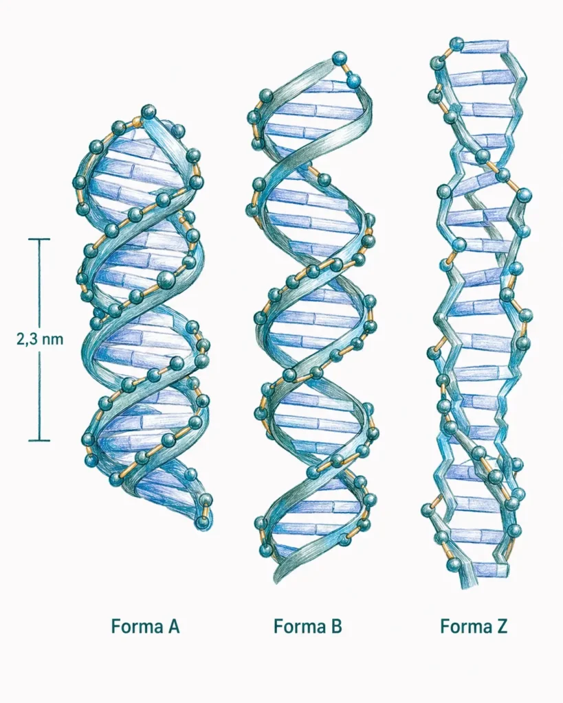 Ilustración comparativa de las formas A, B y Z del ADN, mostrando tres conformaciones de la doble hélice con diferente anchura, giro helicoidal y orientación espacial.