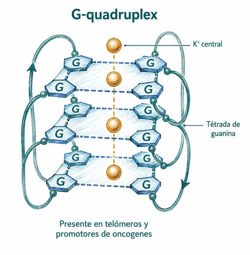 Ilustración médica de un G-quadruplex de ADN, con tétradas de guanina apiladas y un ion K⁺ central estabilizando la estructura.