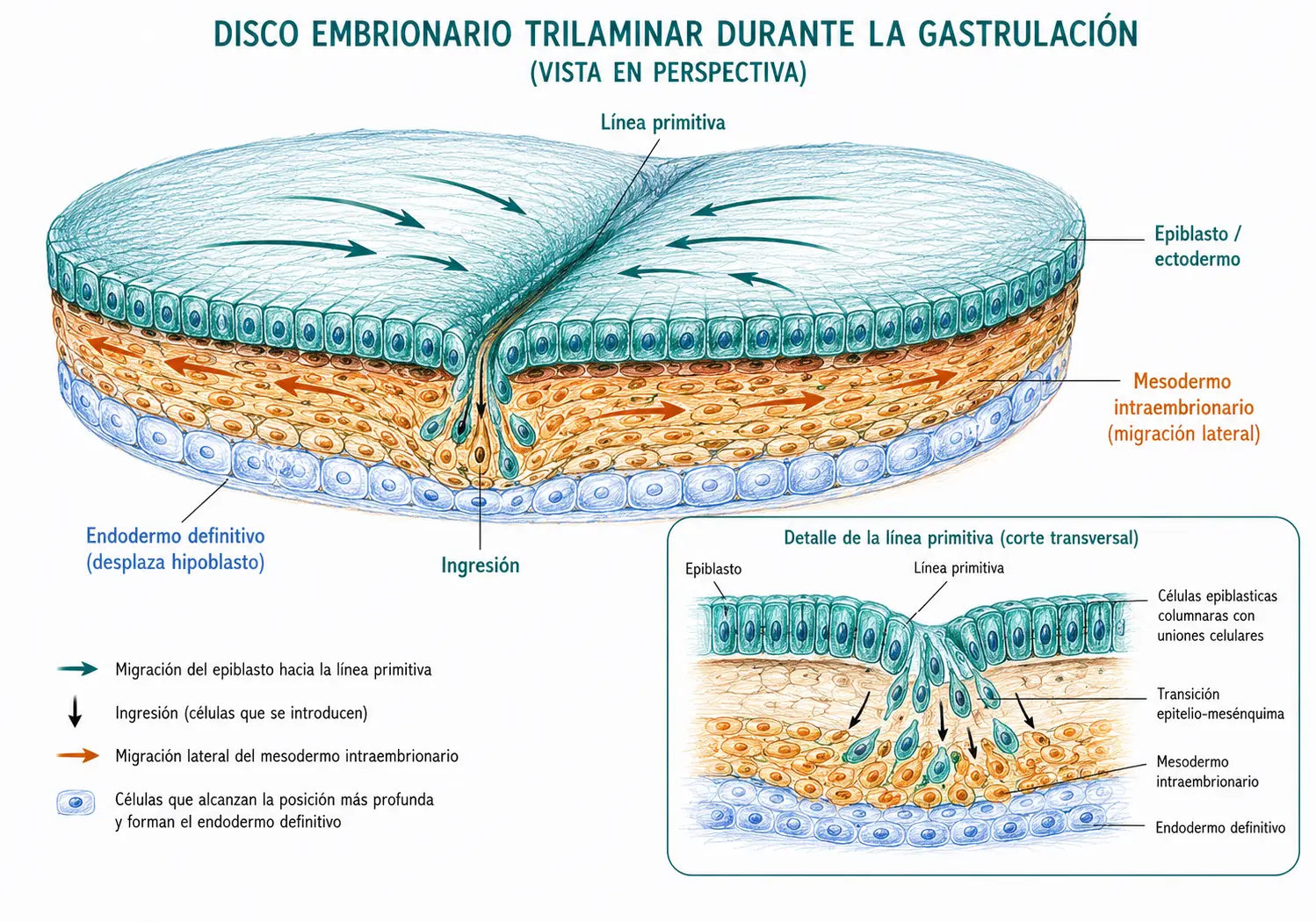 Vista tridimensional del disco embrionario durante la gastrulación mostrando epiblasto, línea primitiva, ingresión celular, formación del mesodermo intraembrionario, endodermo definitivo y transición epitelio-mesénquima en la línea primitiva.