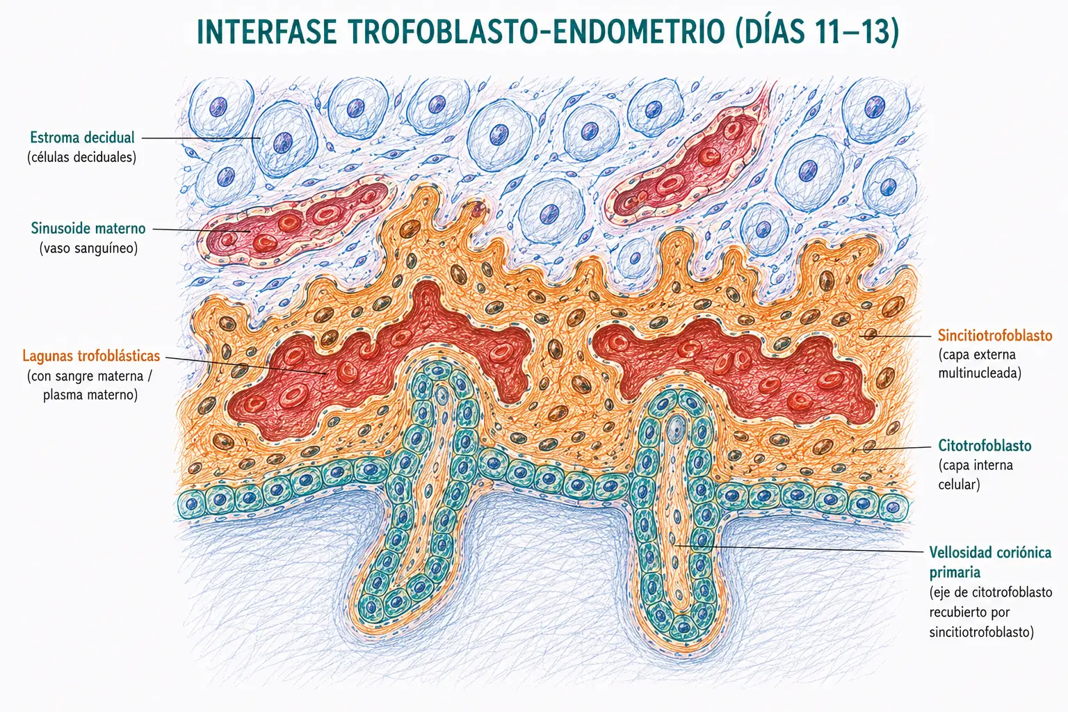 Detalle histológico de la interfase trofoblasto-endometrio durante los días 11 a 13 del desarrollo embrionario mostrando sincitiotrofoblasto, citotrofoblasto, lagunas trofoblásticas con sangre materna, sinusoides maternos erosionados y vellosidades coriónicas primarias.