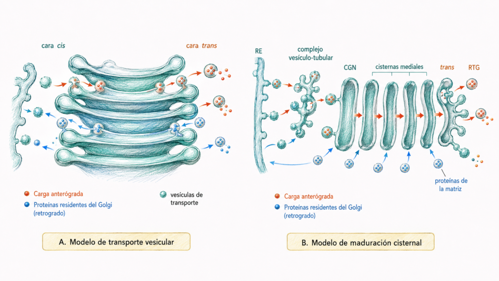 Comparación entre el modelo de transporte vesicular y el modelo de maduración cisternal en el aparato de Golgi, con flujo anterógrado y retrógrado.